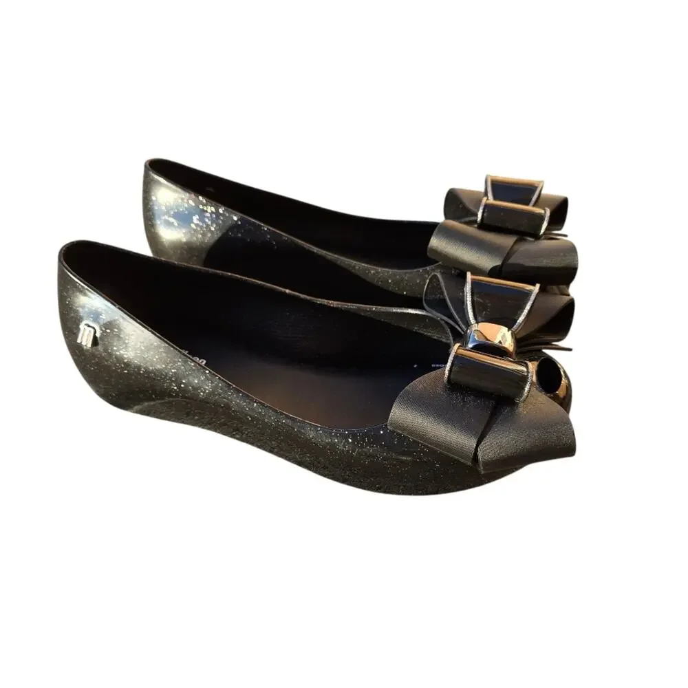 Mini Melissa Girl Sz 3 Ultragirl Sash Bow ‎ Flats Sandals Shoes Black